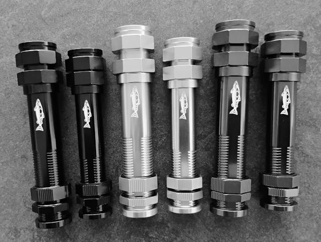 r.b. meiser hex head all metal reel seats in black, light titanium, and dark titanium and showing 3 sizes=