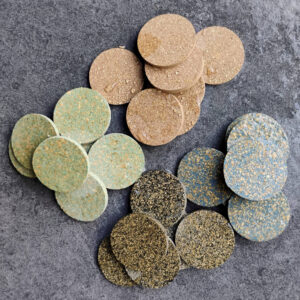 composite rubberized thin 1/8" cork rings in green, blue, rust red and brown colors